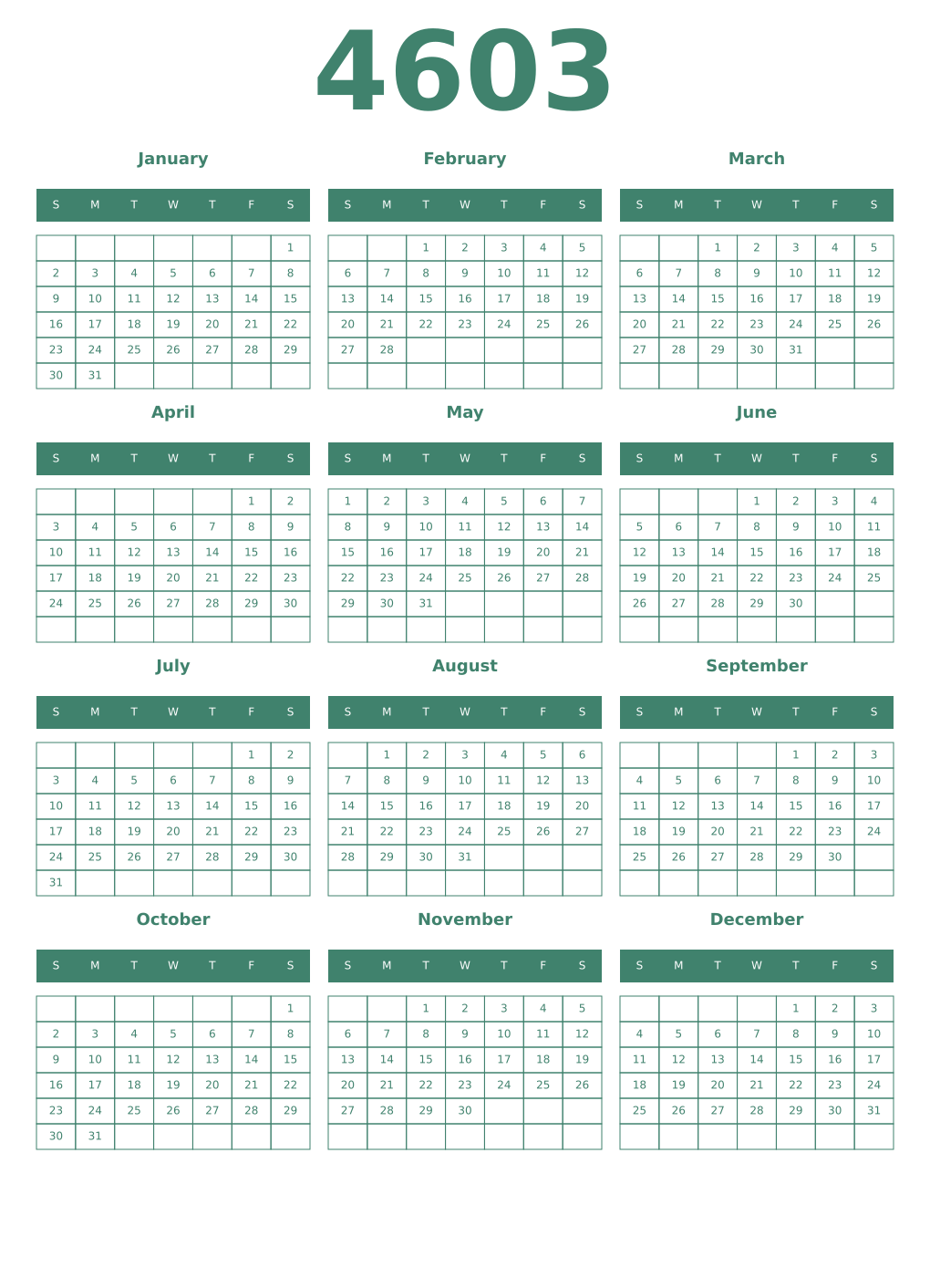 Printable 4603 Year Calendars viridian