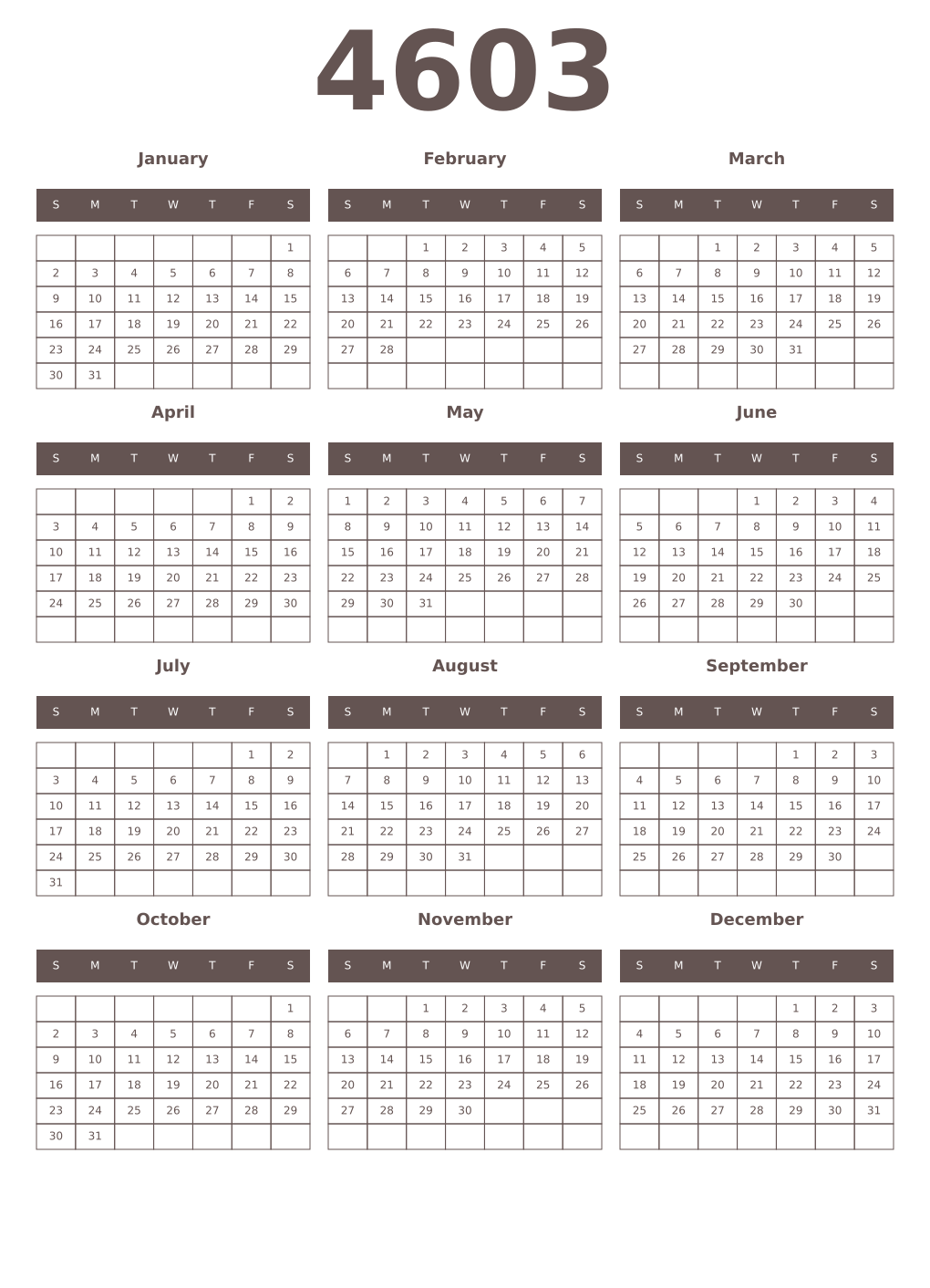 Printable 4603 Year Calendars wenge