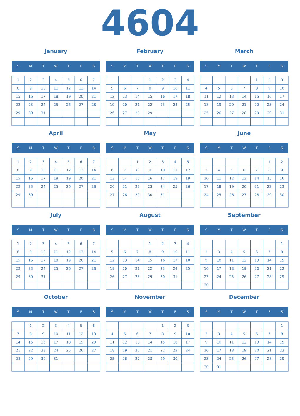 Printable 4604 Year Calendars blue