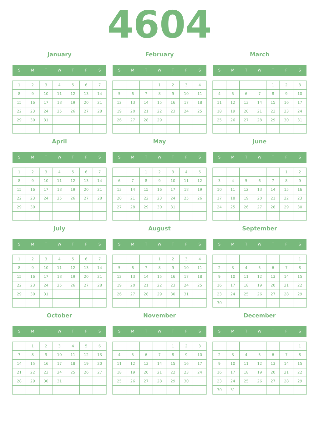 Printable 4604 Year Calendars celadon