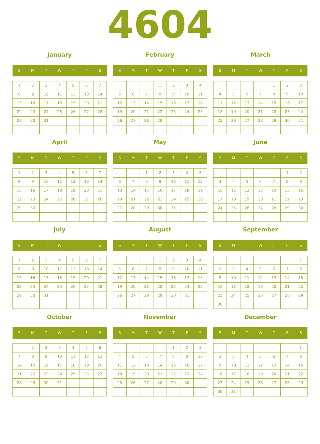 Printable 4604 Year Calendars chartreuse