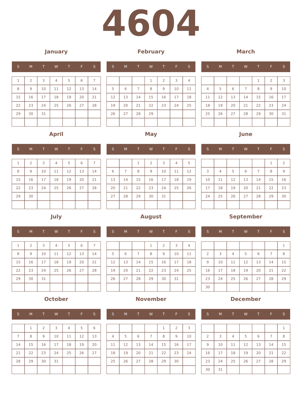 Printable 4604 Year Calendars coffe