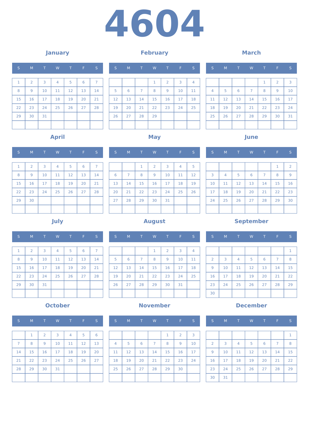 Printable 4604 Year Calendars glaucous