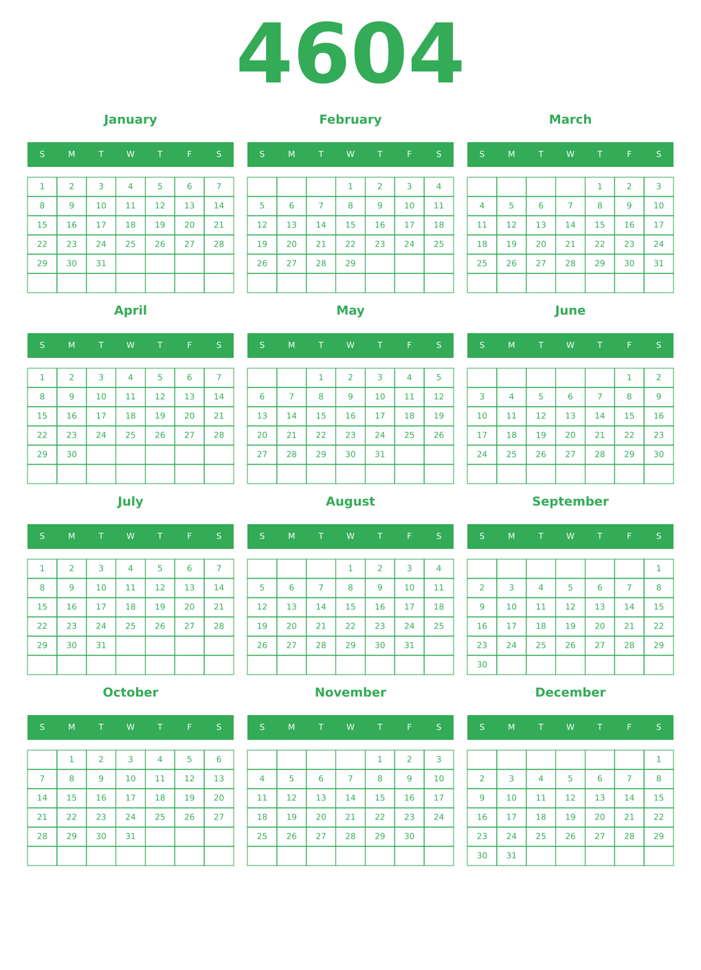 Printable 4604 Year Calendars green