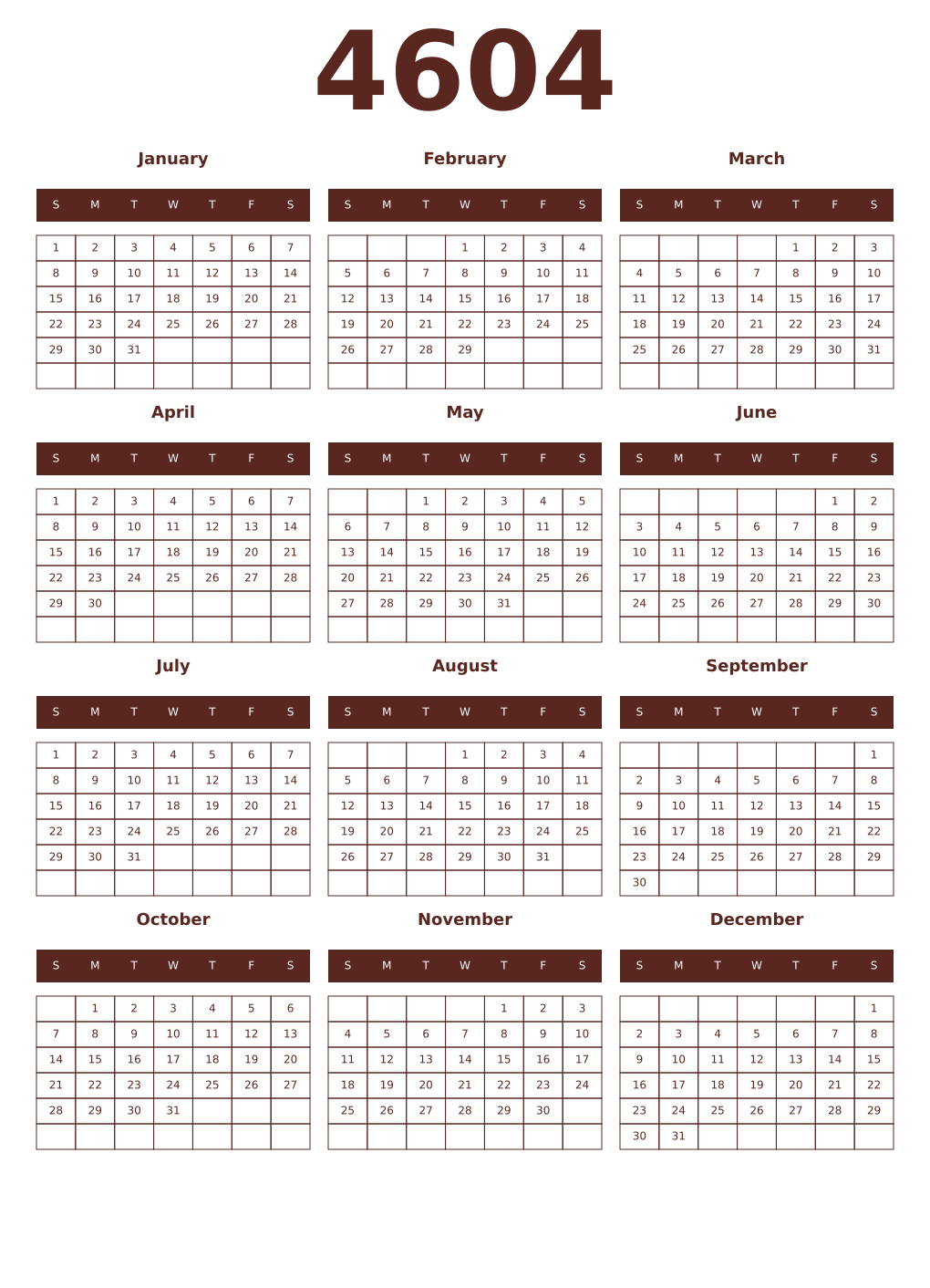 Printable 4604 Year Calendars mortuum