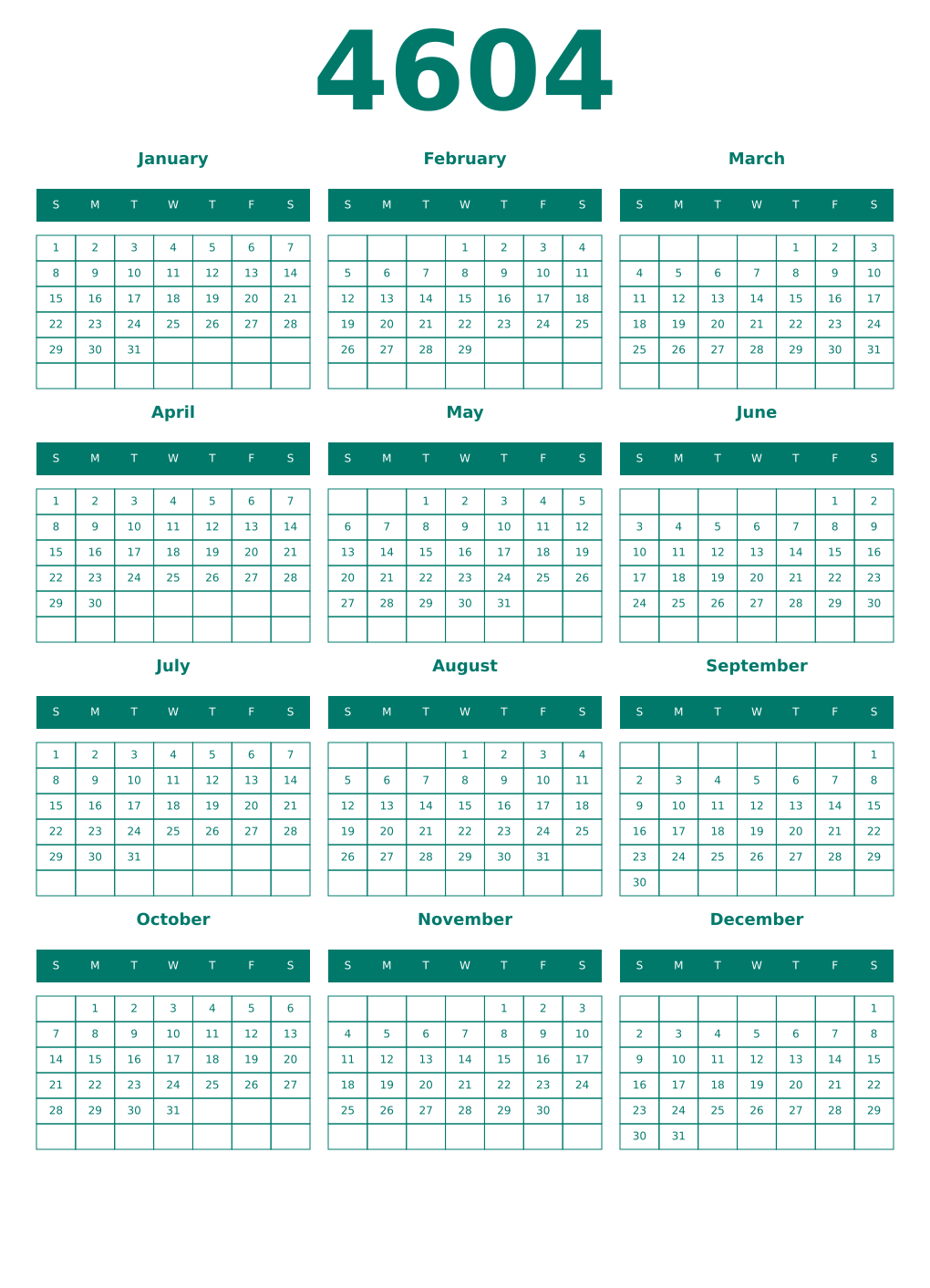 Printable 4604 Year Calendars pastel