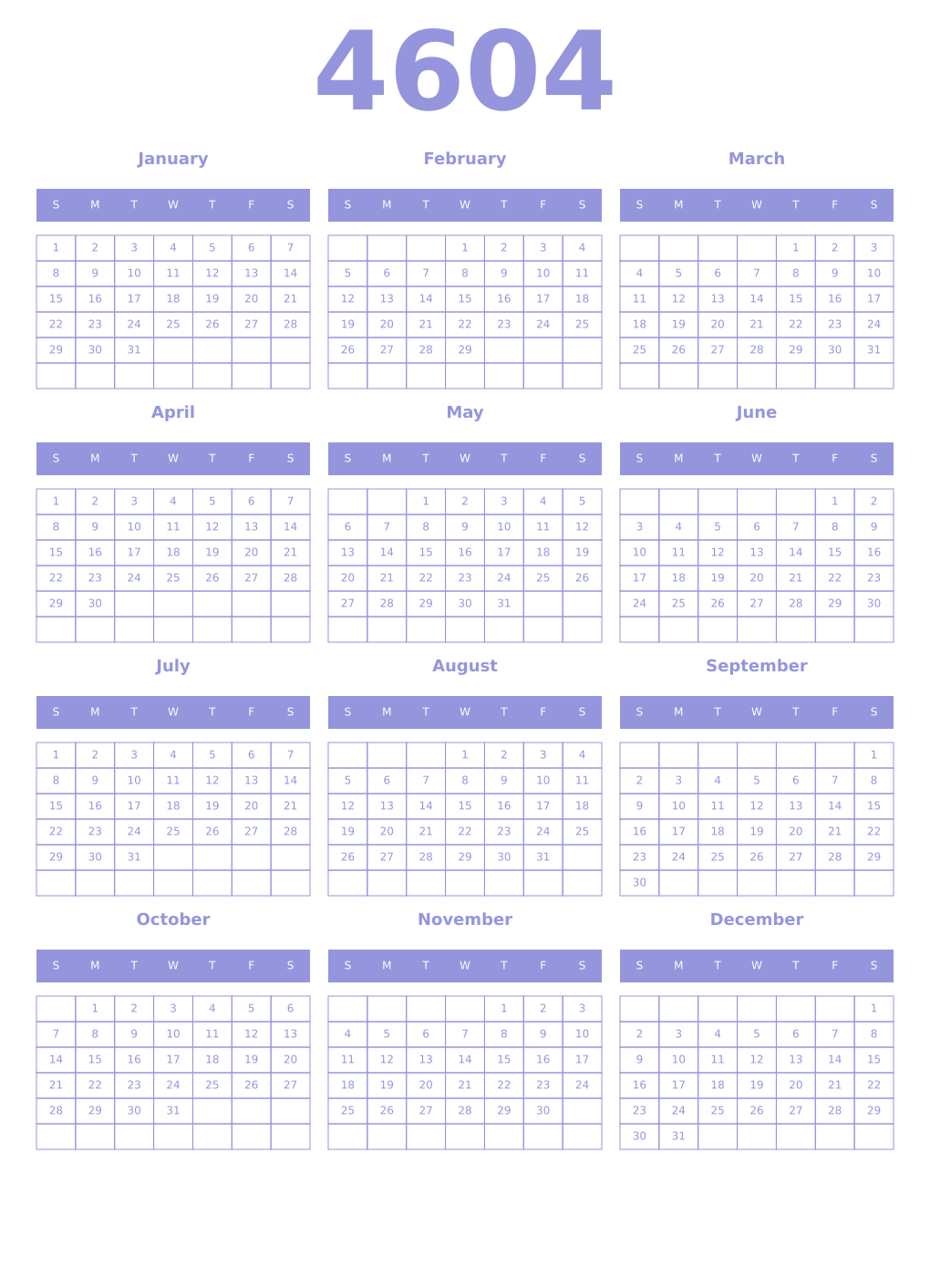 Printable 4604 Year Calendars periwinkle