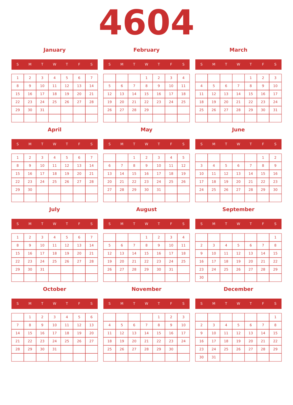 Printable 4604 Year Calendars red