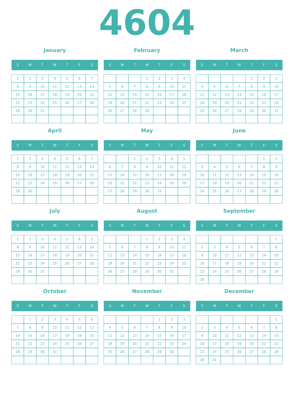 Printable 4604 Year Calendars verdigris