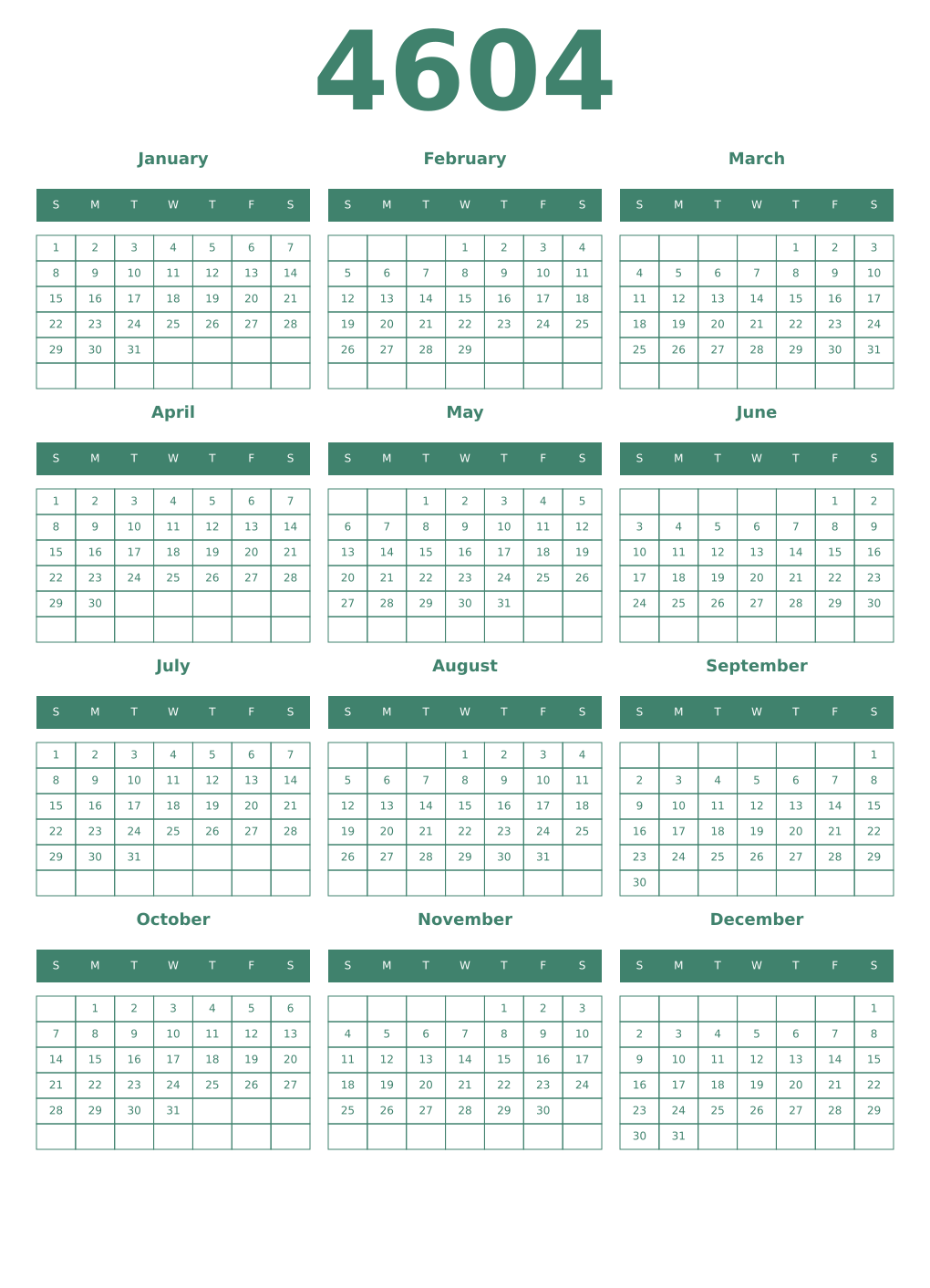 Printable 4604 Year Calendars viridian