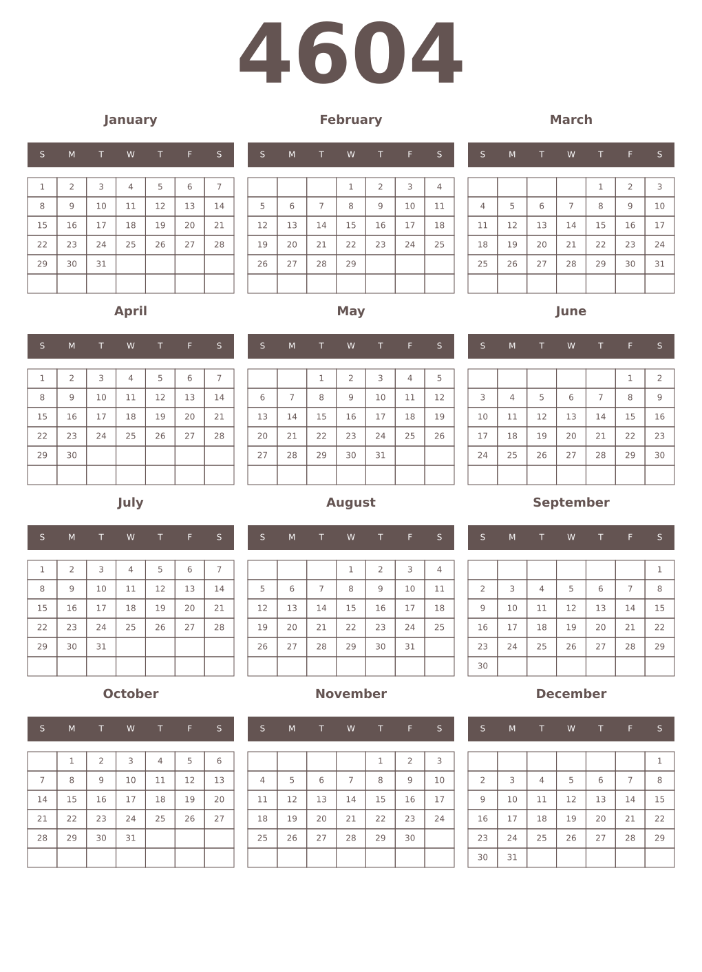 Printable 4604 Year Calendars wenge
