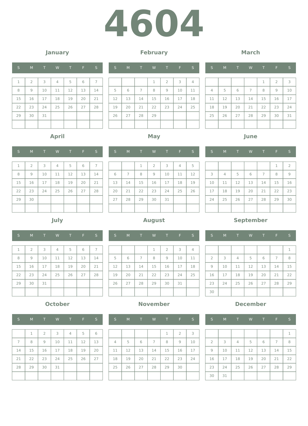 Printable 4604 Year Calendars xanadu
