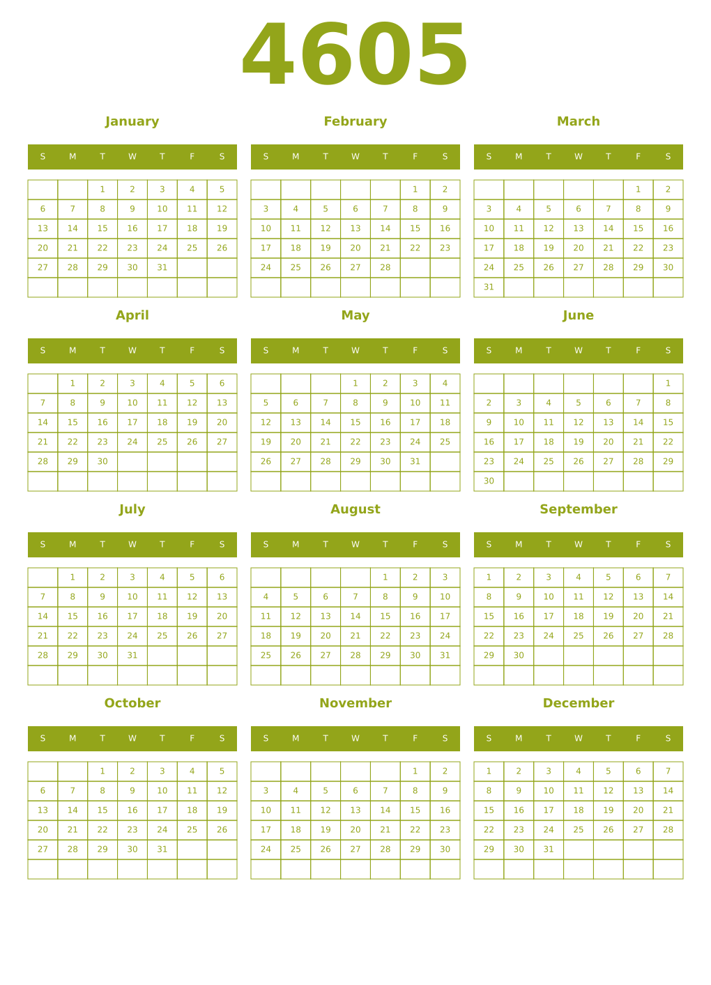 Printable 4605 Year Calendars chartreuse