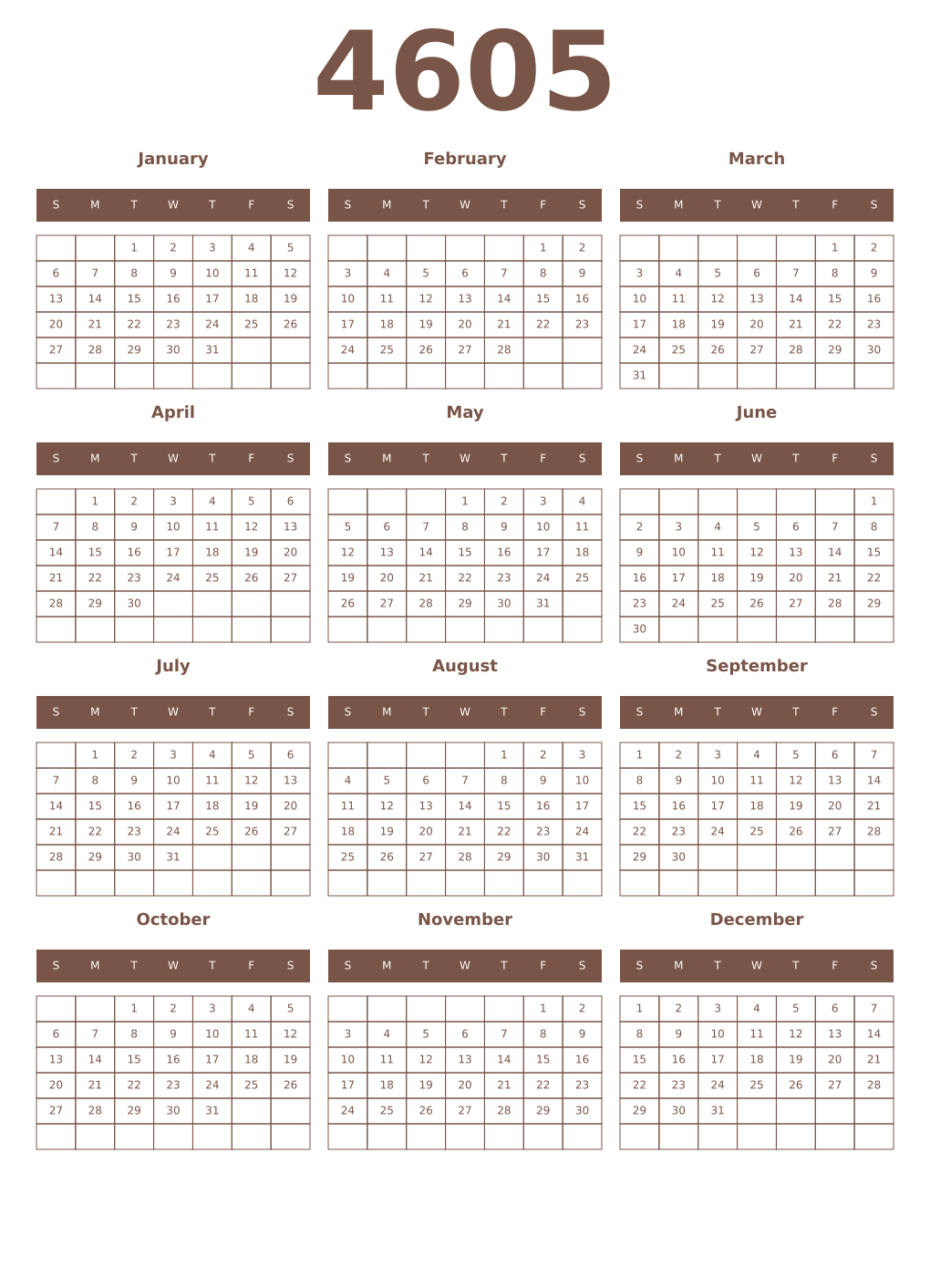 Printable 4605 Year Calendars coffe