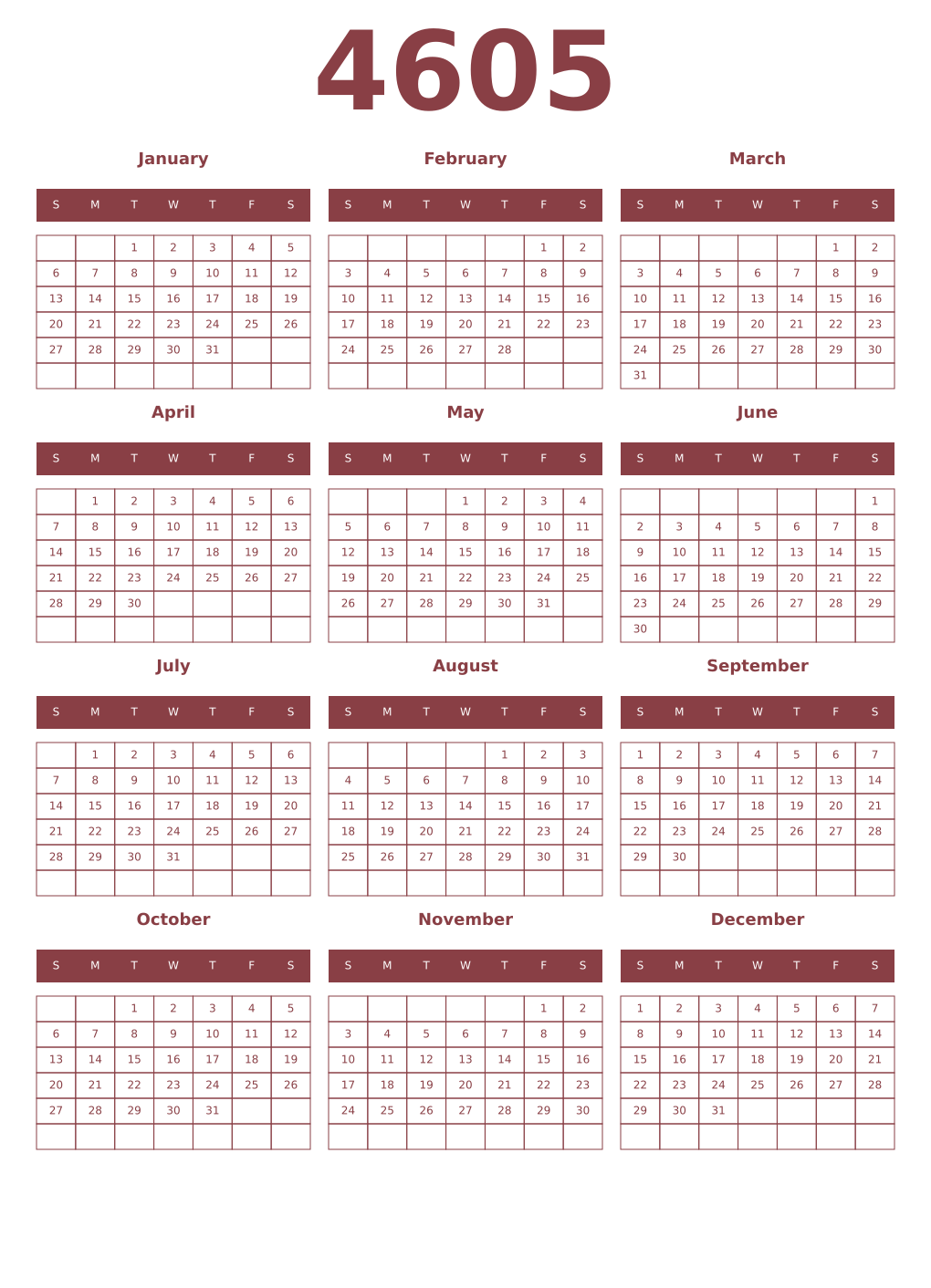 Printable 4605 Year Calendars cordovan