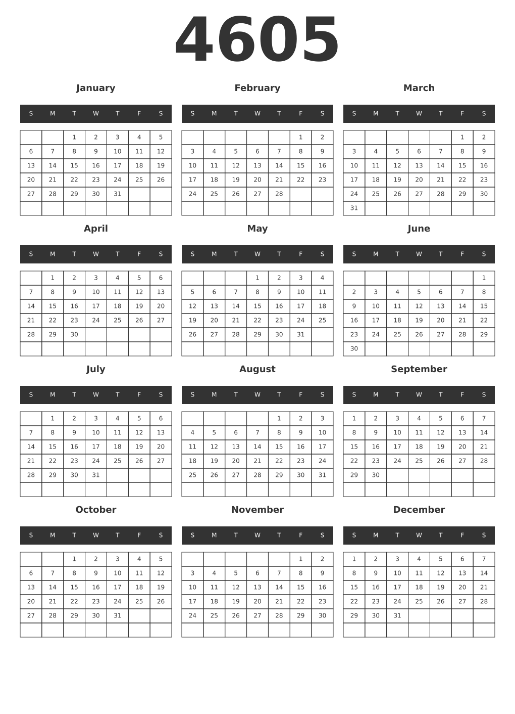 Printable 4605 Year Calendars dark