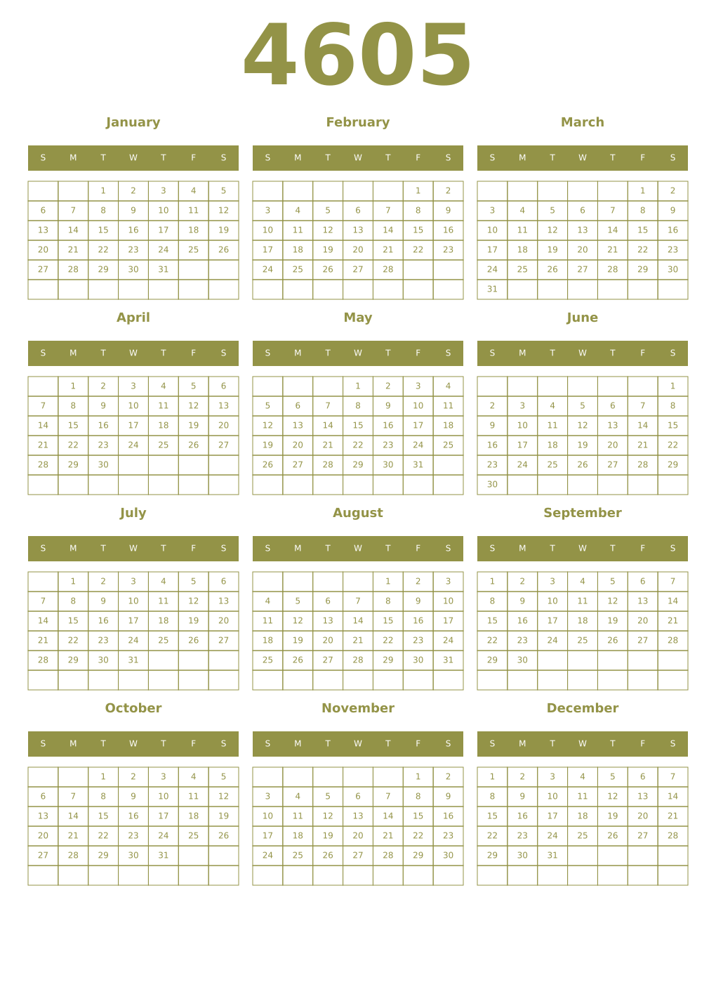 Printable 4605 Year Calendars eburnean