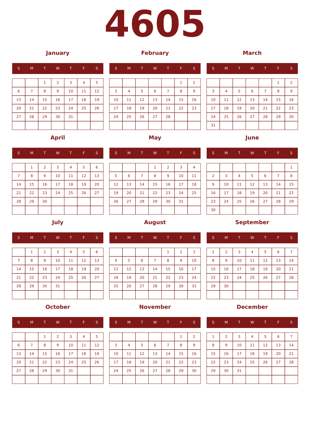 Printable 4605 Year Calendars falu