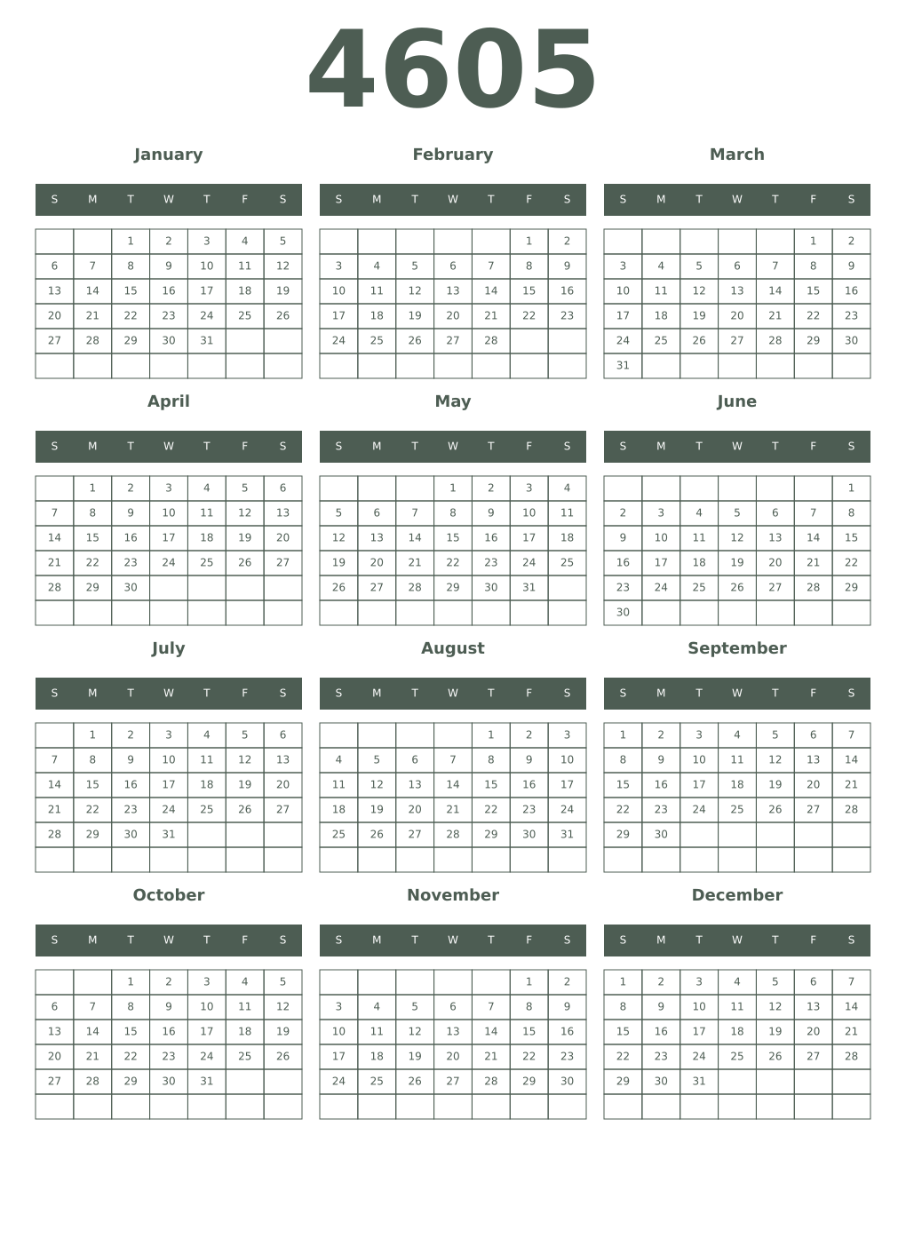 Printable 4605 Year Calendars feldgrau