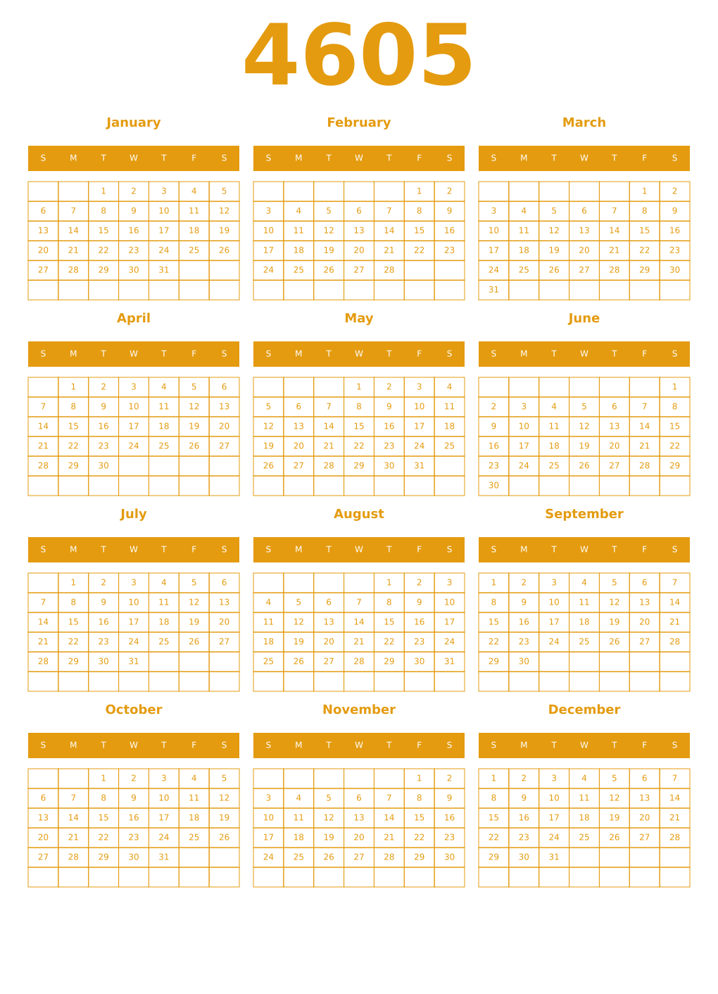 Printable 4605 Year Calendars gamboge