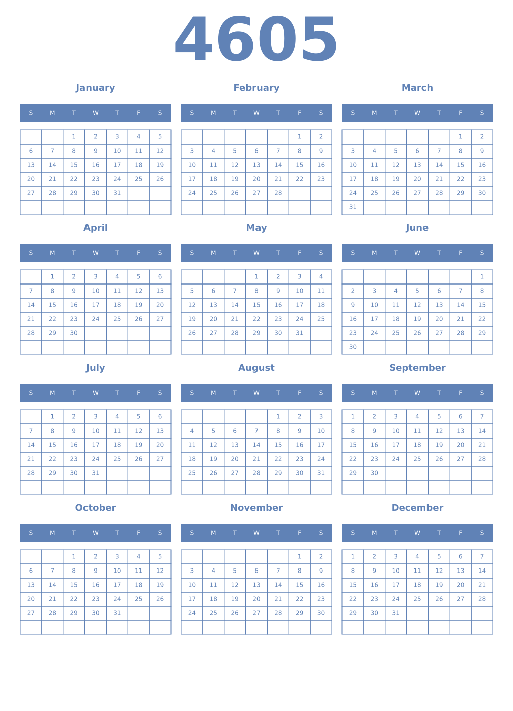 Printable 4605 Year Calendars glaucous
