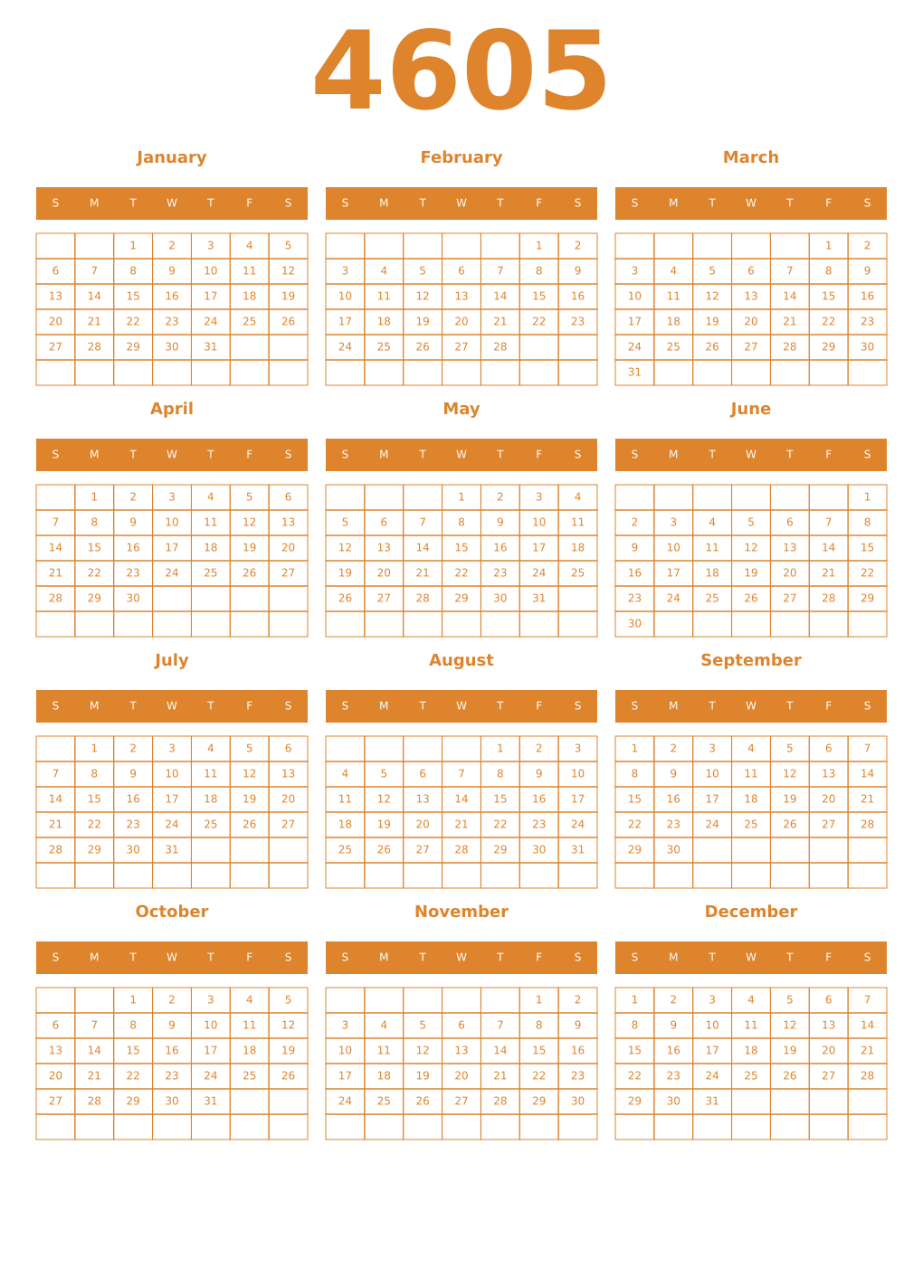 Printable 4605 Year Calendars orange
