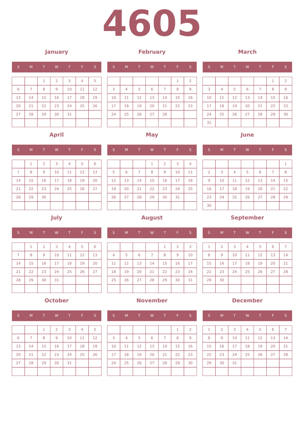 Printable 4605 Year Calendars puce