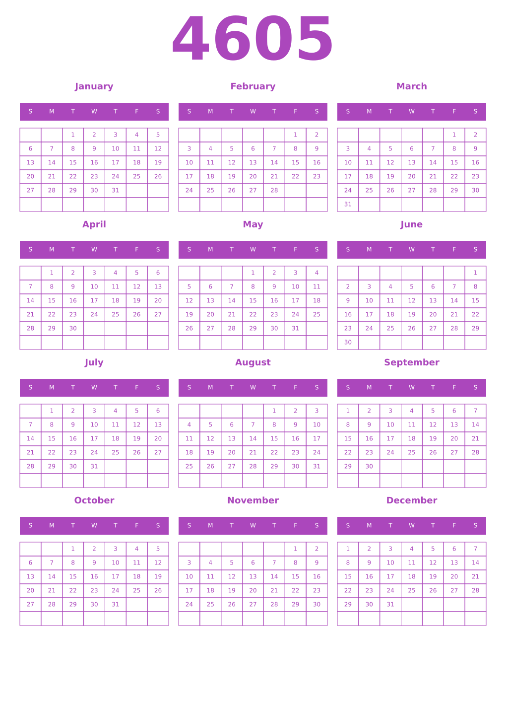 Printable 4605 Year Calendars purple
