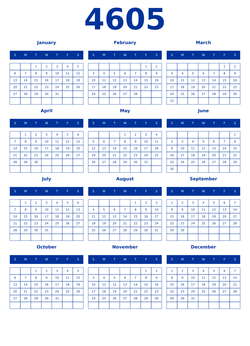 Printable 4605 Year Calendars smalt