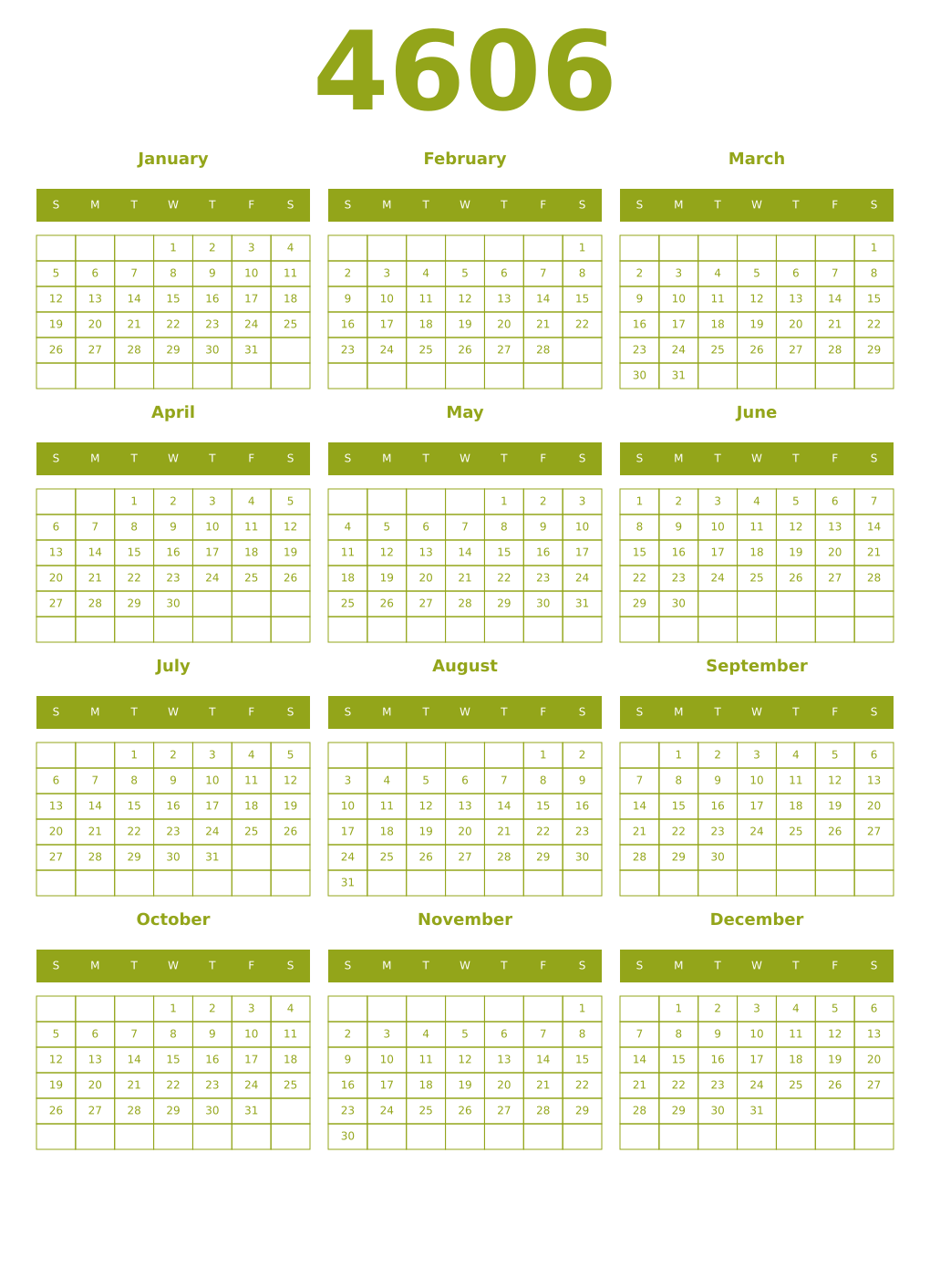 Printable 4606 Year Calendars chartreuse