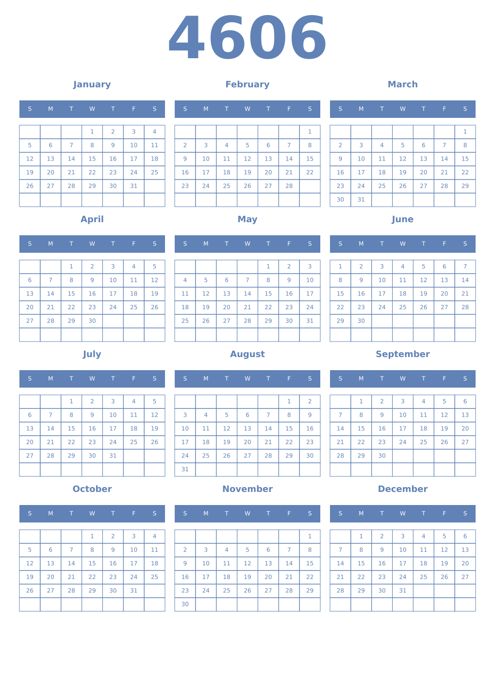 Printable 4606 Year Calendars glaucous