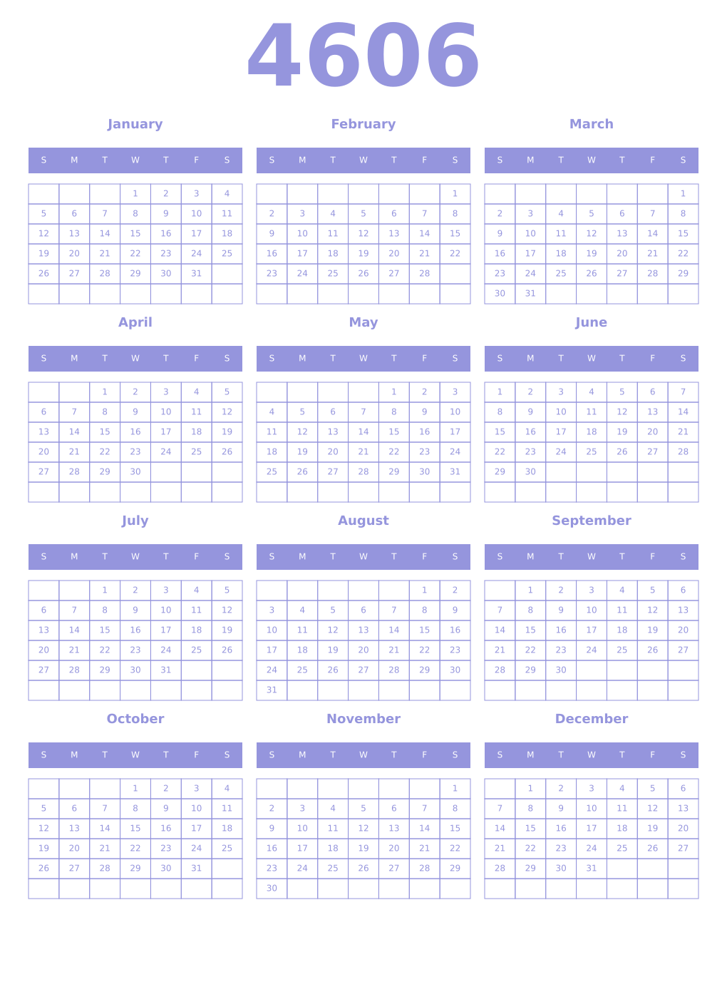 Printable 4606 Year Calendars periwinkle