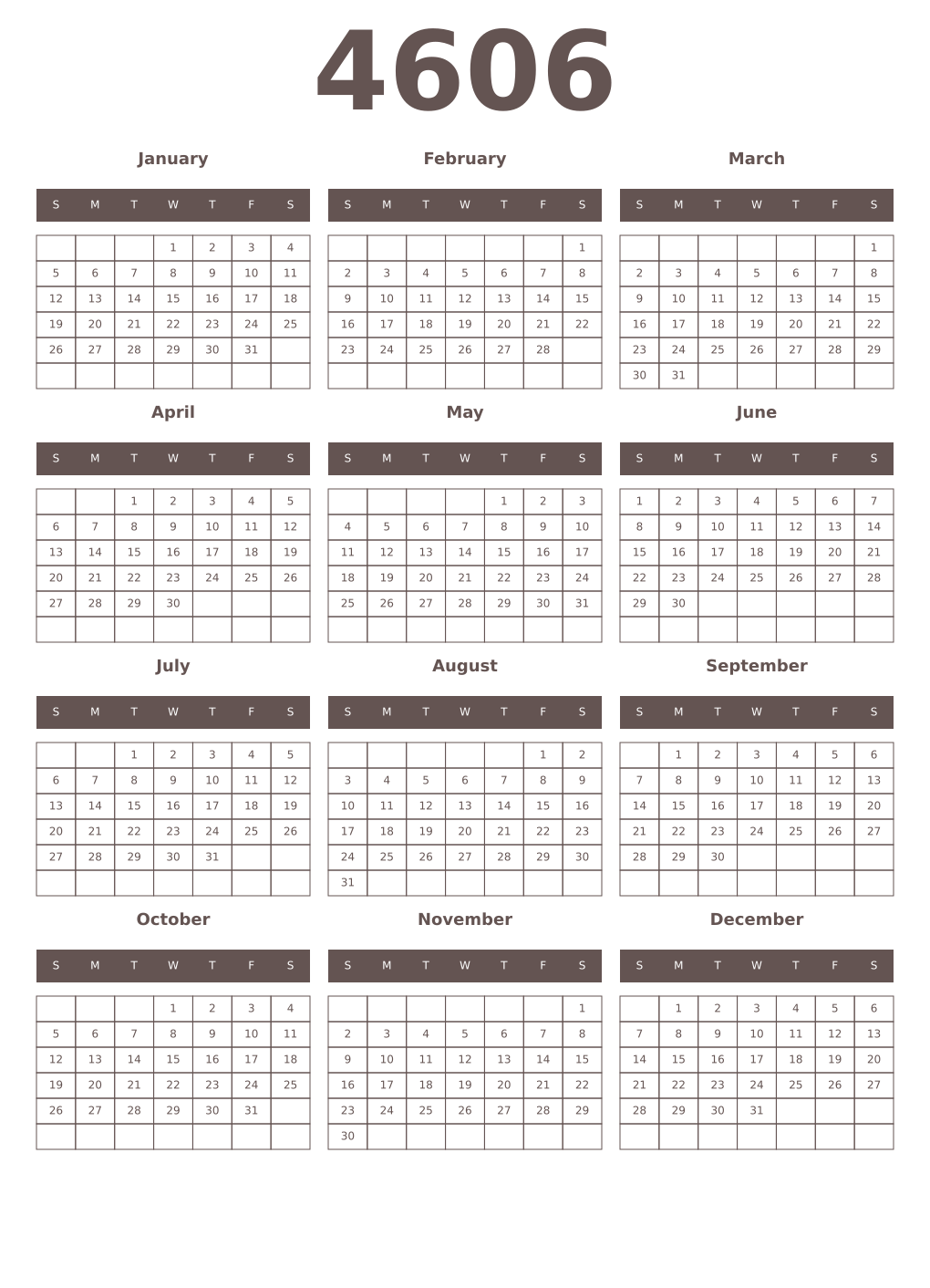 Printable 4606 Year Calendars wenge