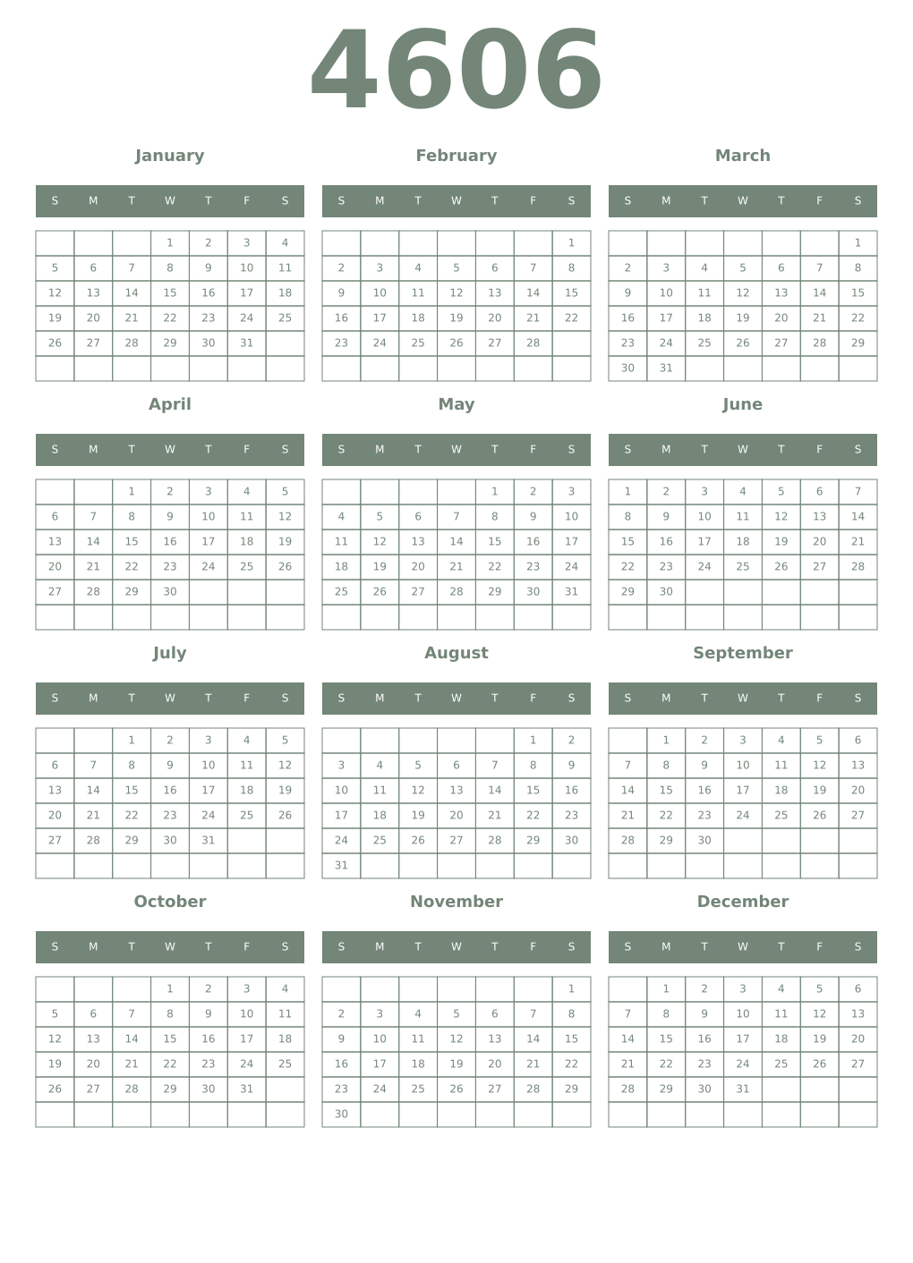 Printable 4606 Year Calendars xanadu