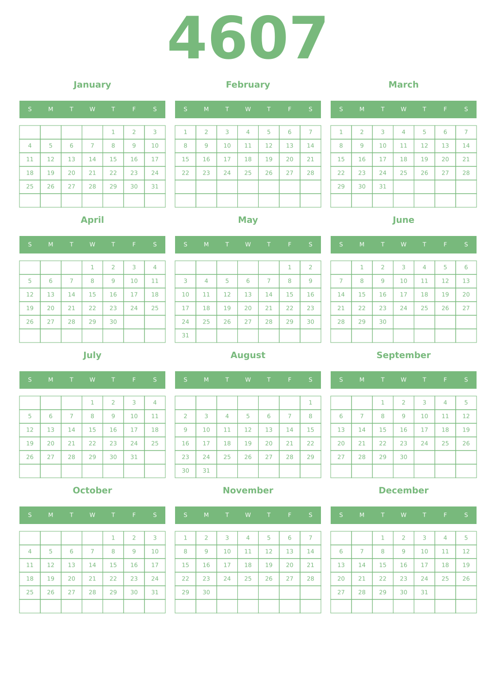 Printable 4607 Year Calendars celadon