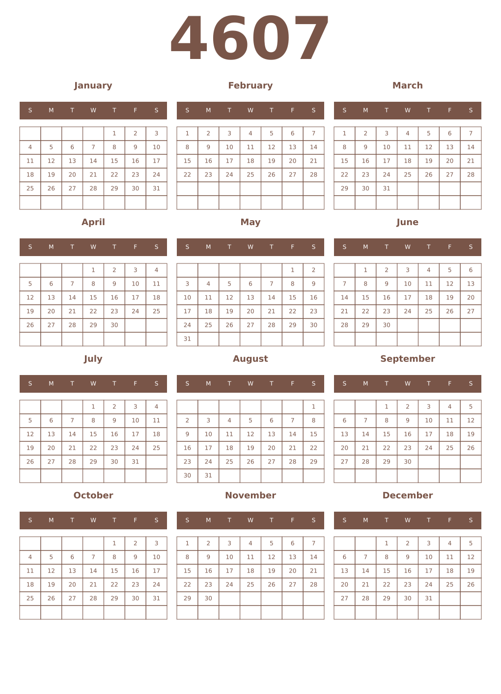 Printable 4607 Year Calendars coffe