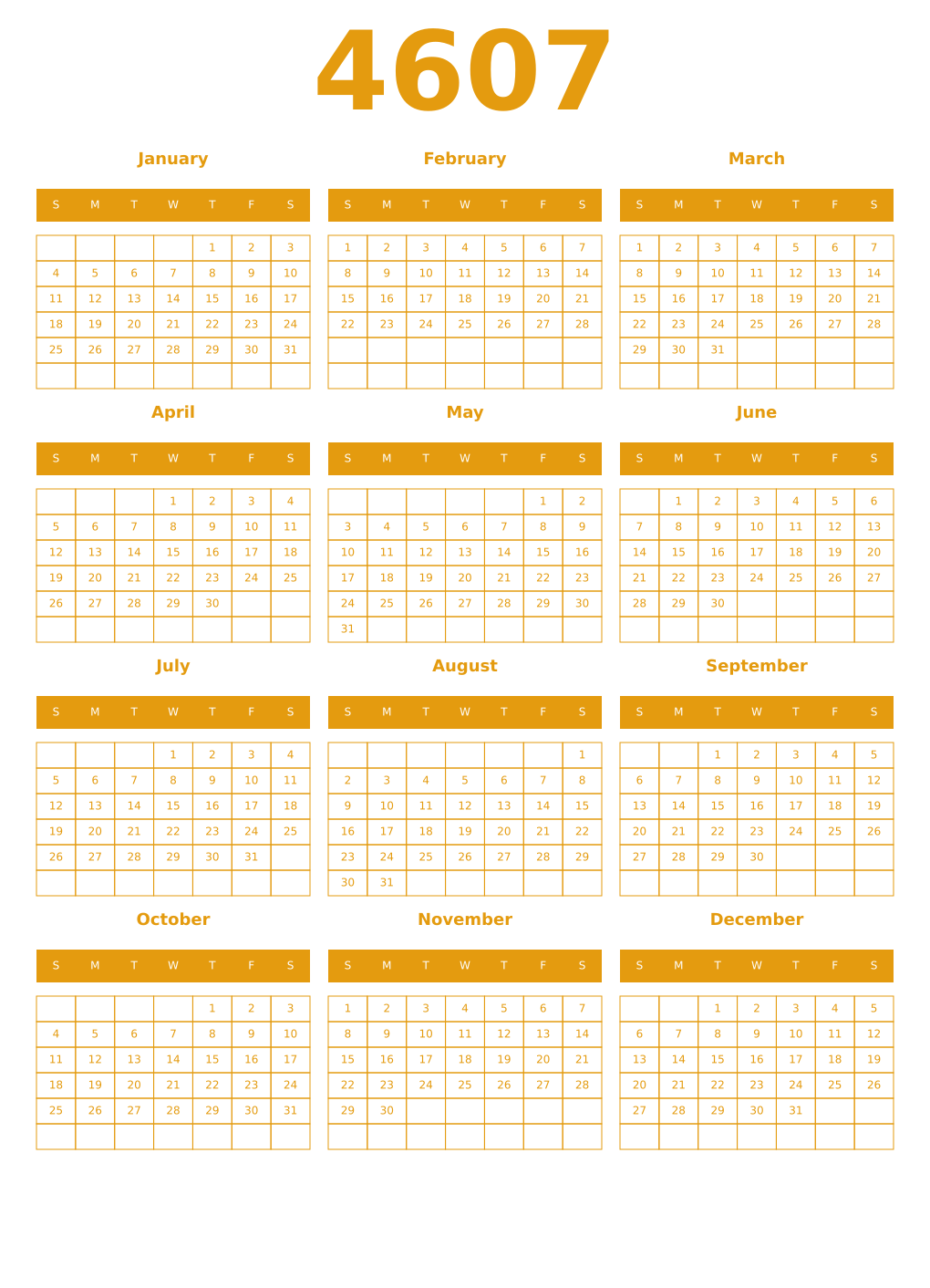 Printable 4607 Year Calendars gamboge