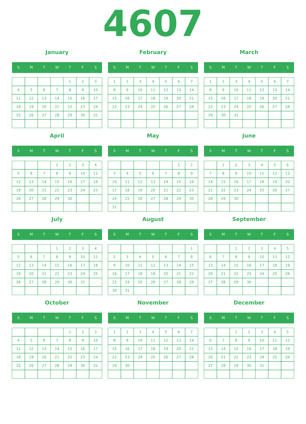 Printable 4607 Year Calendars green