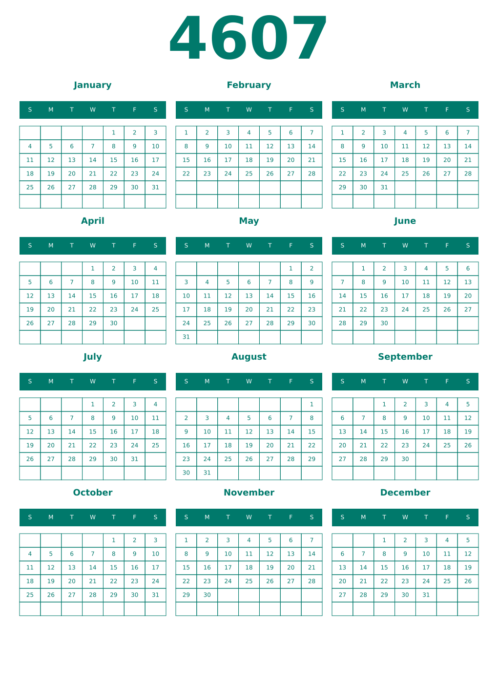 Printable 4607 Year Calendars pastel