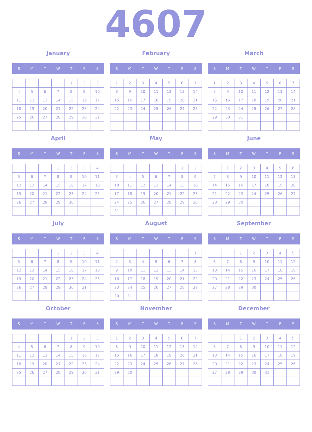 Printable 4607 Year Calendars periwinkle