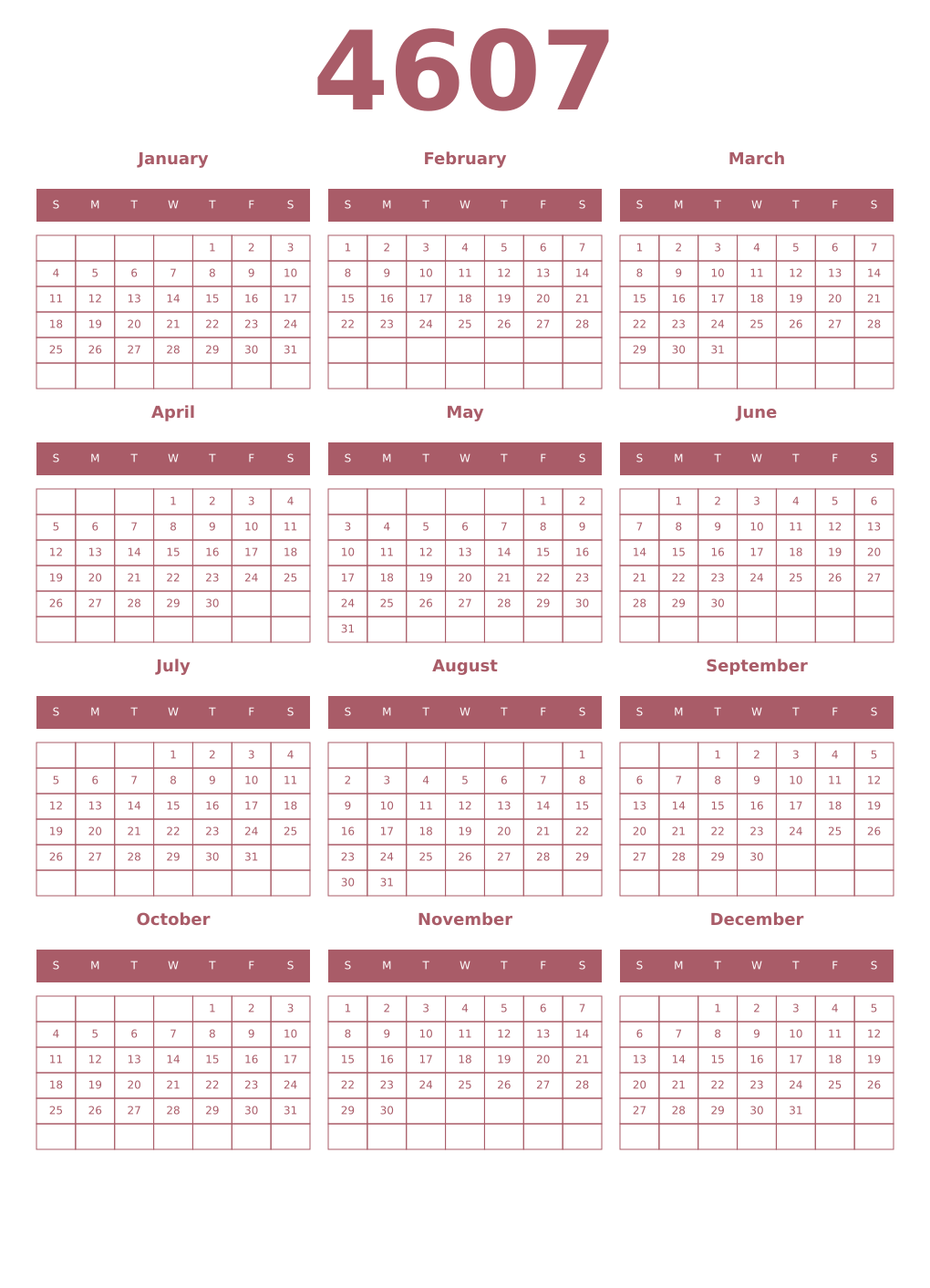 Printable 4607 Year Calendars puce