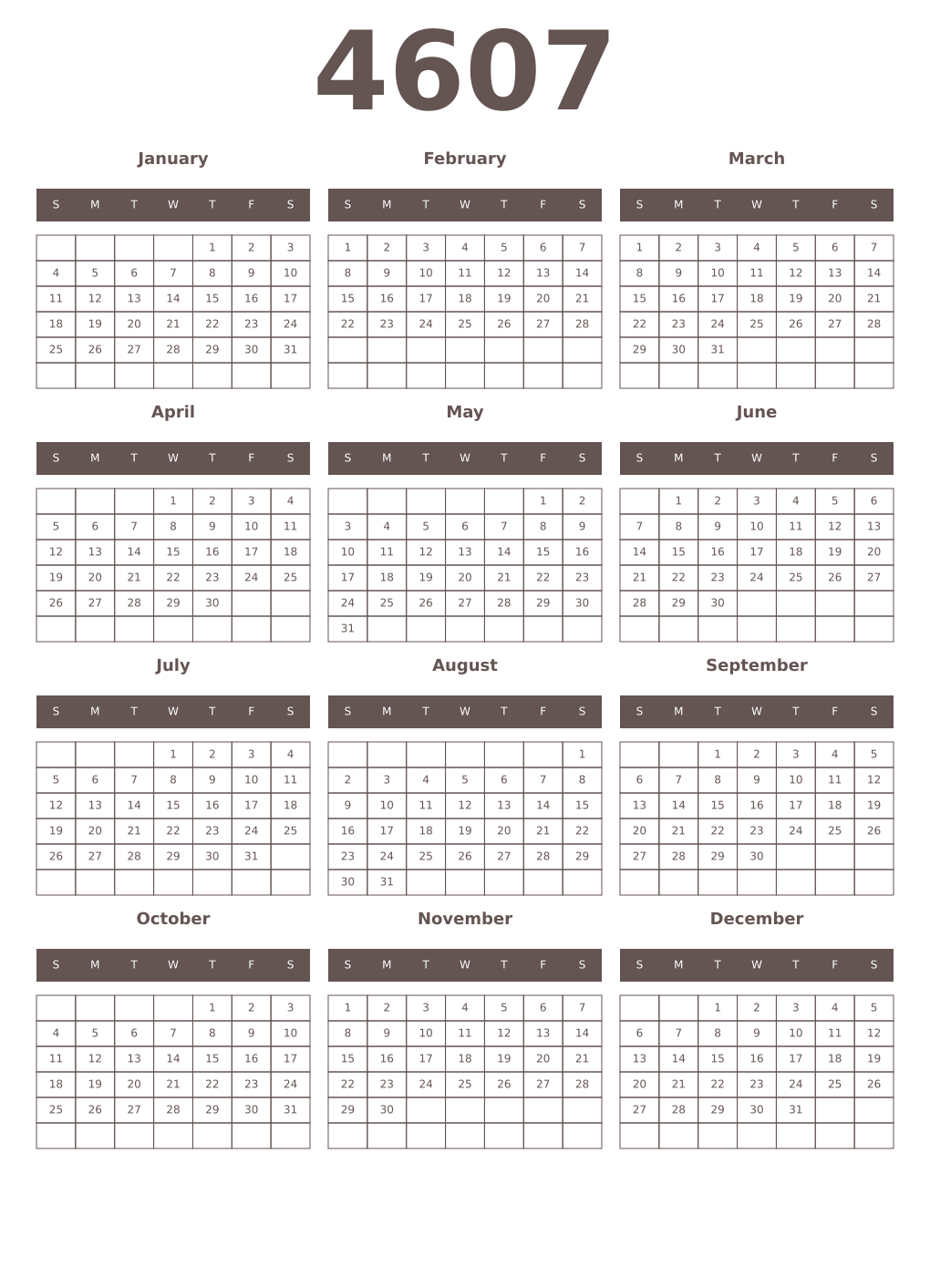 Printable 4607 Year Calendars wenge