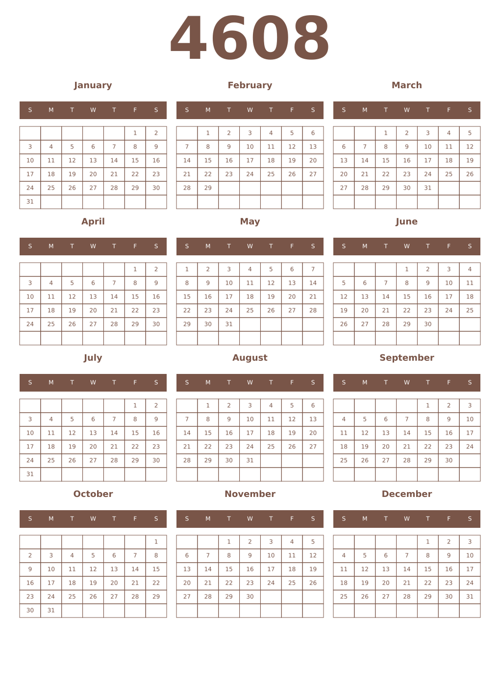 Printable 4608 Year Calendars coffe