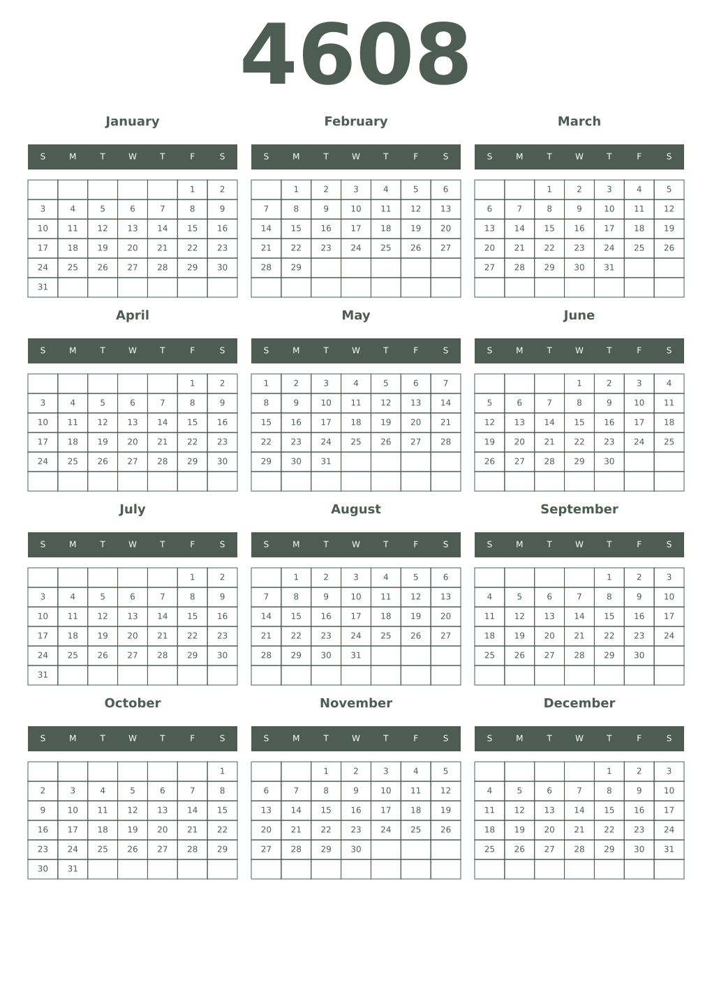 Printable 4608 Year Calendars feldgrau