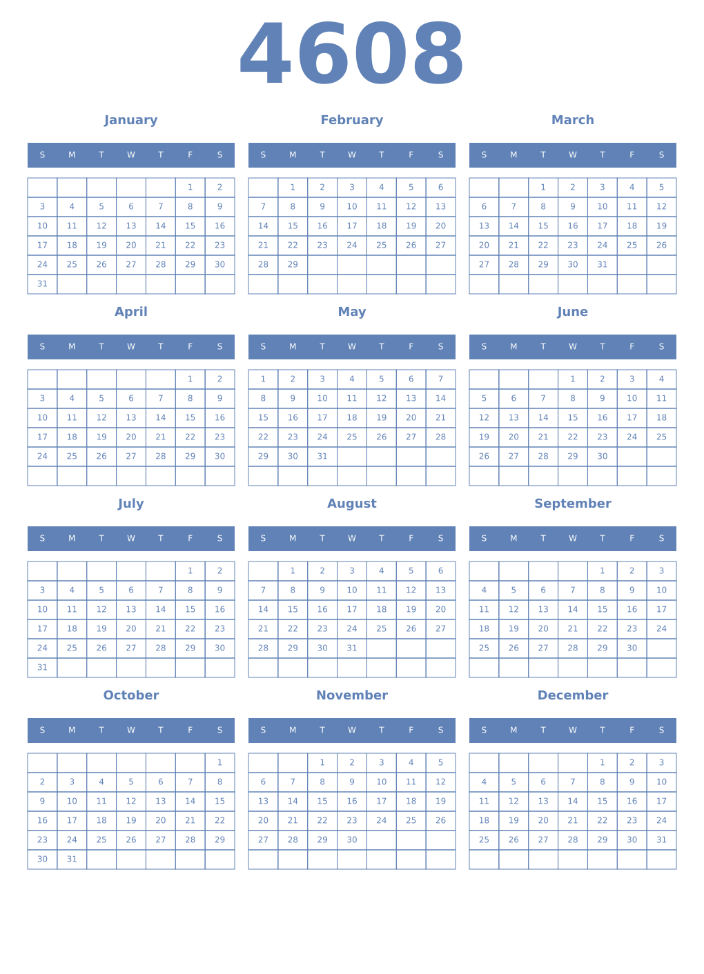 Printable 4608 Year Calendars glaucous
