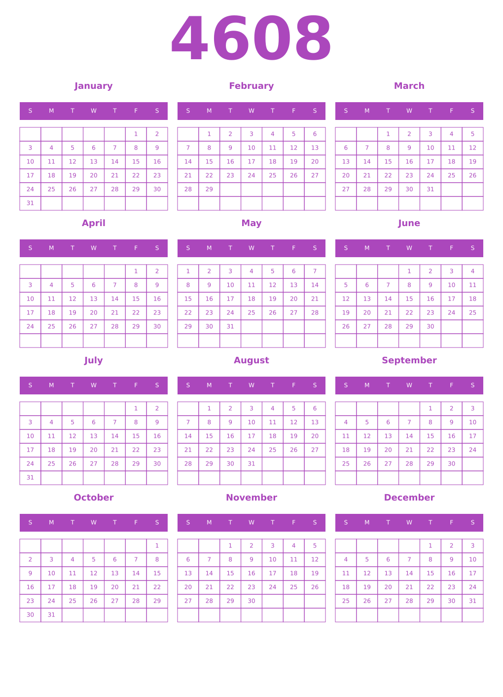 Printable 4608 Year Calendars purple