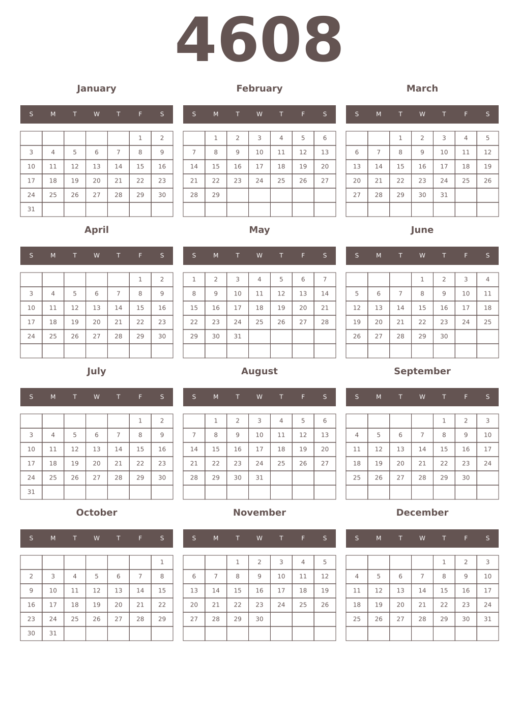 Printable 4608 Year Calendars wenge