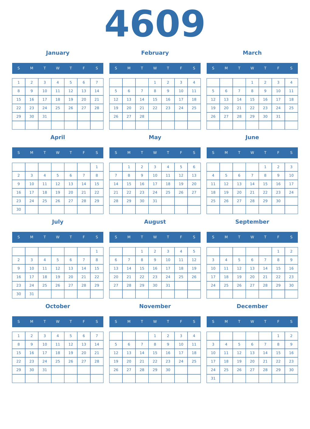 Printable 4609 Year Calendars blue