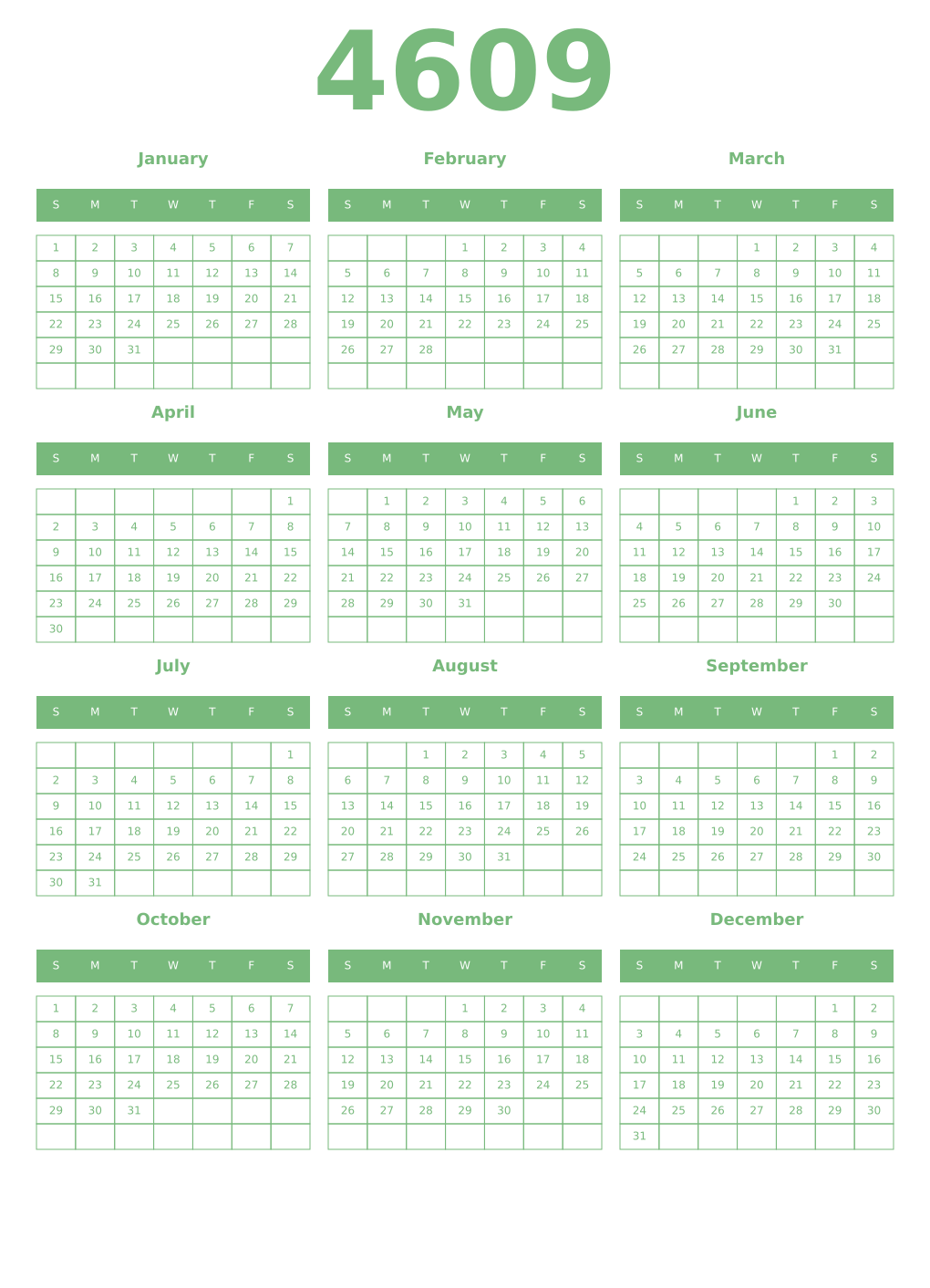 Printable 4609 Year Calendars celadon