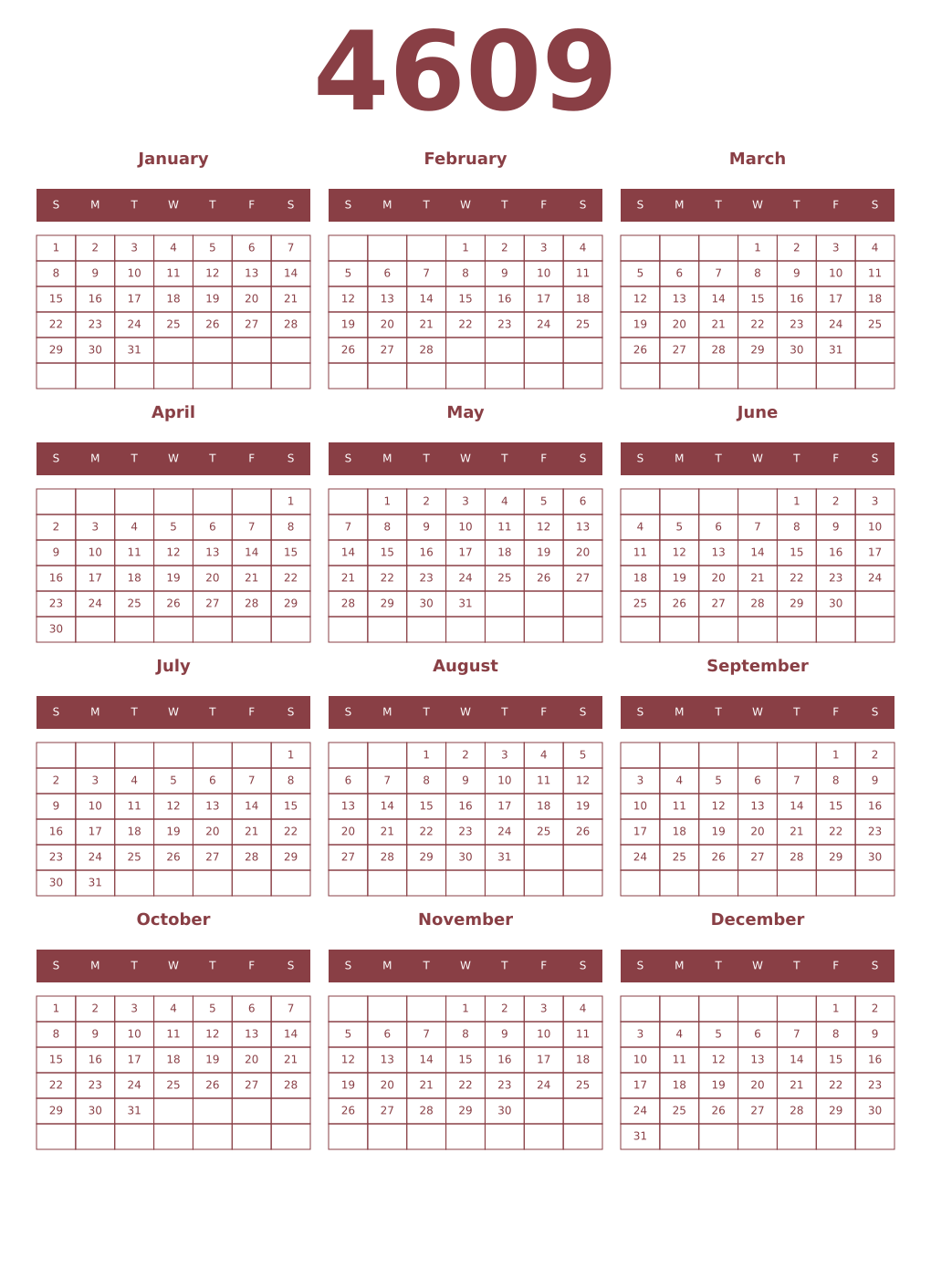 Printable 4609 Year Calendars cordovan